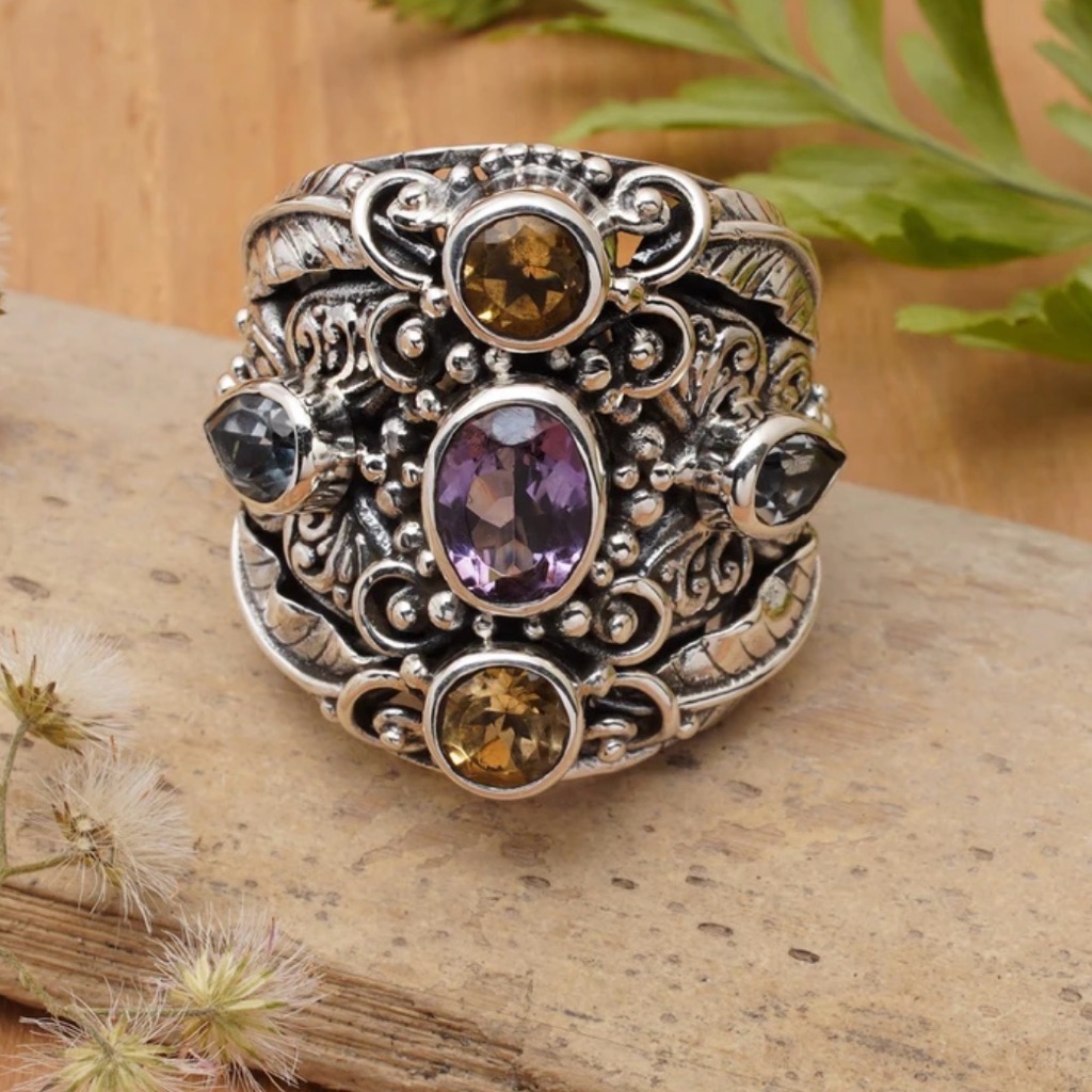 Balinese Amethyst & Blue Topaz Sterling Silver Cocktail Ring Size 9.5